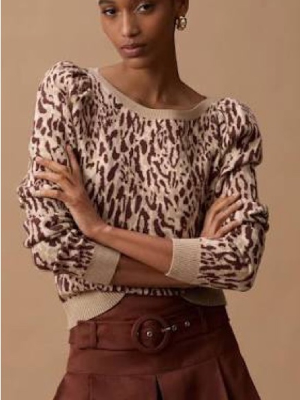 Maeve by Anthropologie Beige and Brown Leopard-Print Puff-Sleeve Sweater size 3X